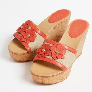 Coach Jesaca Coral Floral Leather Slip-On Open Toe Wedge Sandals Size 7.5